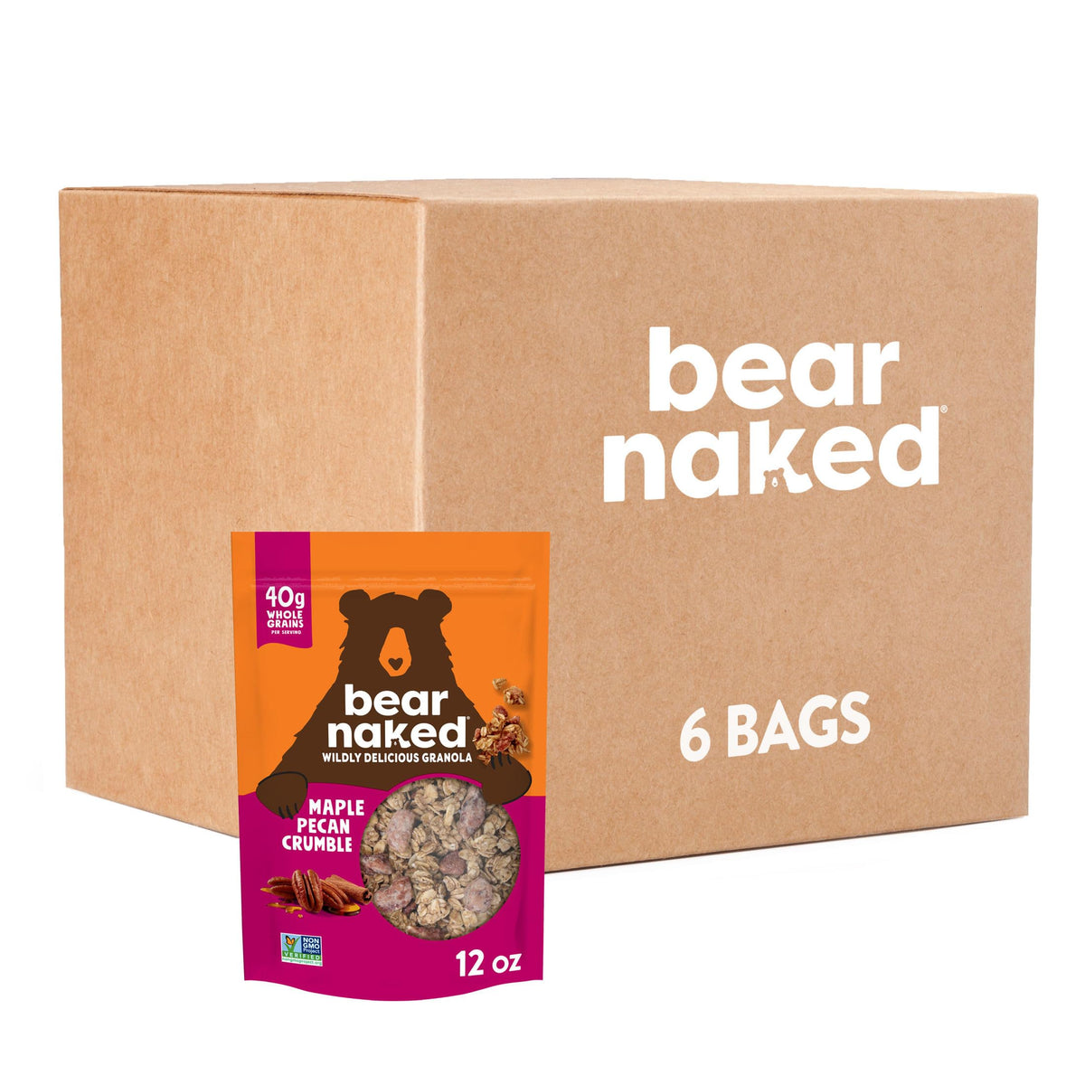 Bear Naked Maple Pecan granola bag shows resealable packaging for portable snacking.
