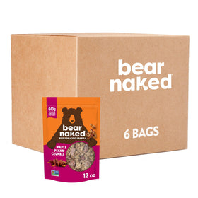 Bear Naked Maple Pecan granola bag shows resealable packaging for portable snacking.