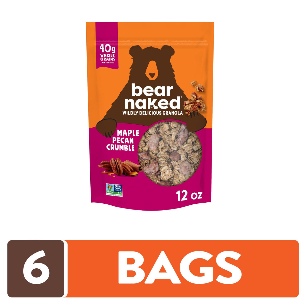 Bear Naked Maple Pecan granola closeup of pecans highlights crunchy praline texture.