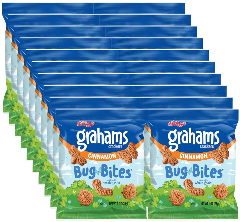 Kellogg's Cinnamon Graham Crackers Bug Bites pack shot, a tasty whole-grain snack option for families.