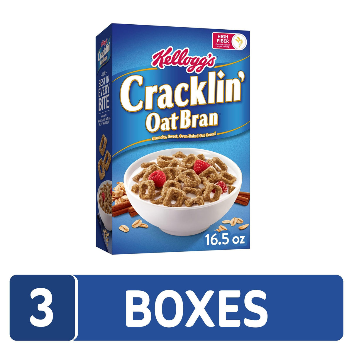 Kellogg's Cracklin' Oat Bran clusters showing crunchy texture for family breakfast