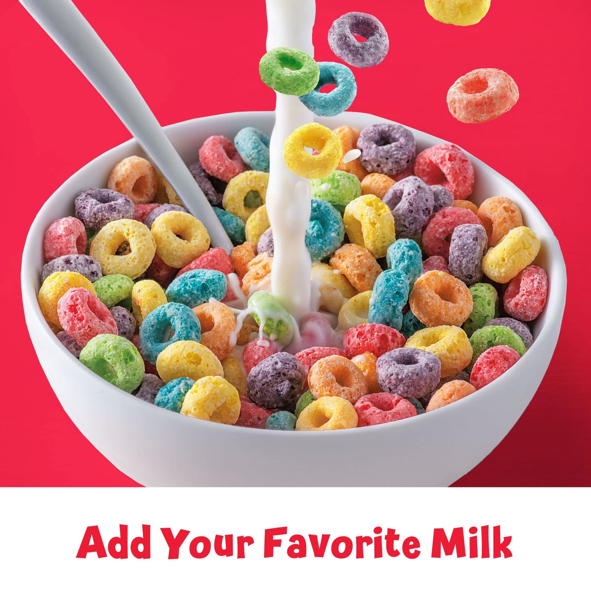Colorful Froot Loops cups offering a fun, crunchy breakfast moment.