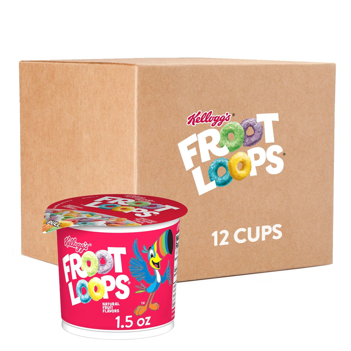 Kellogg's Froot Loops cups in travel packaging ideal for on-the-go snacking.