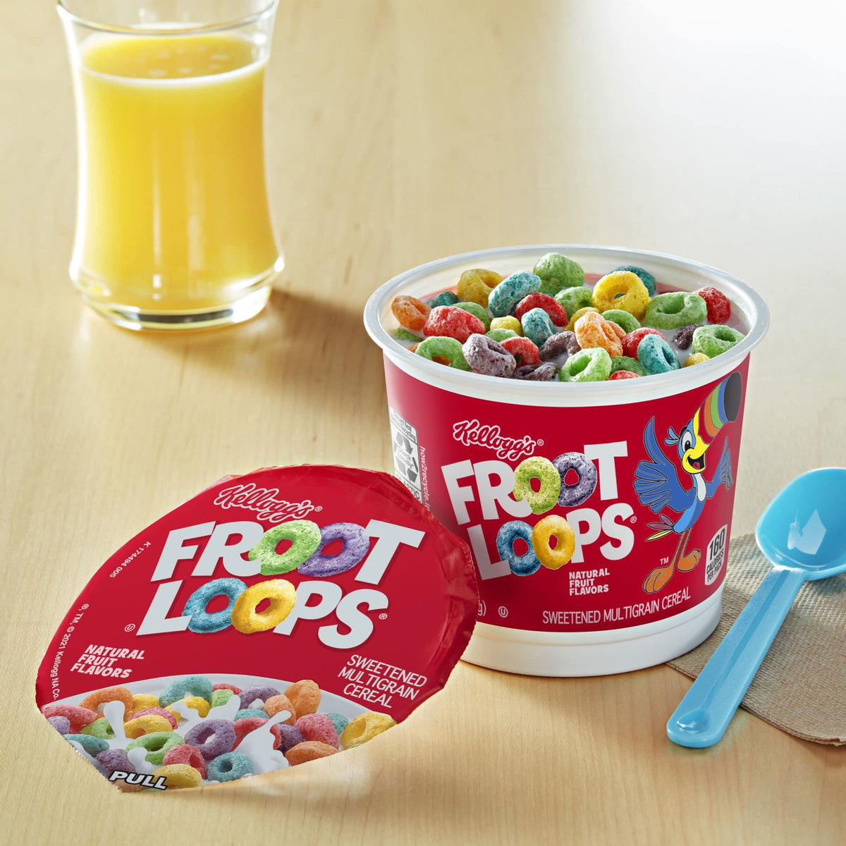 Lunchtime Kellogg's Froot Loops cups packed in a lunchbox snack.