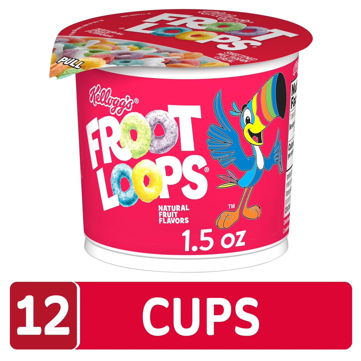 Froot Loops cups served with milk for a quick breakfast experience.
