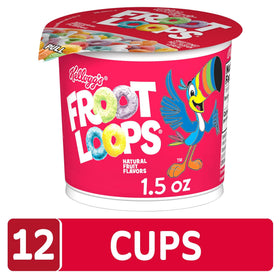 Froot Loops cups served with milk for a quick breakfast experience.