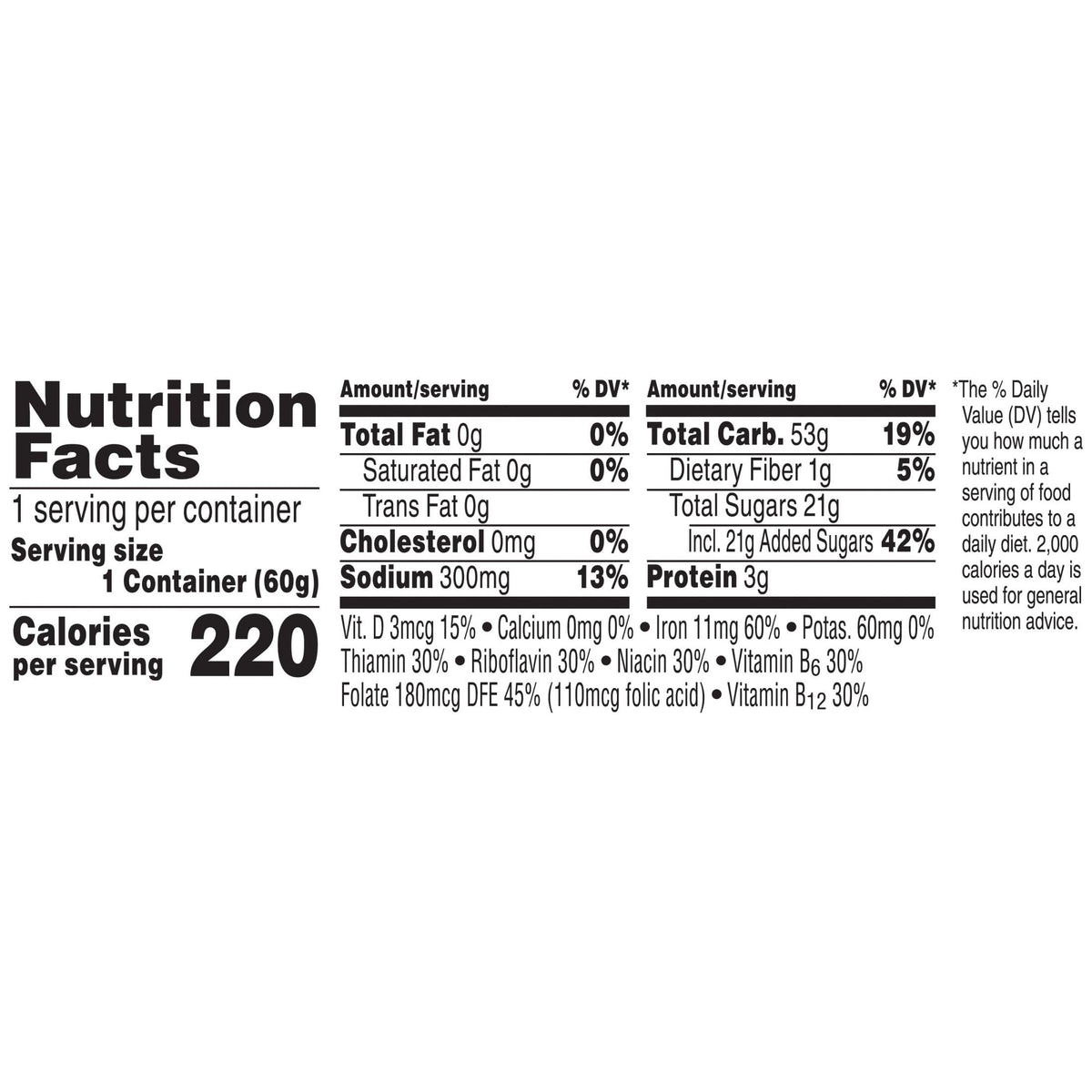 Kellogg's Frosted Flakes nutrition facts panel highlights vitamins and minerals