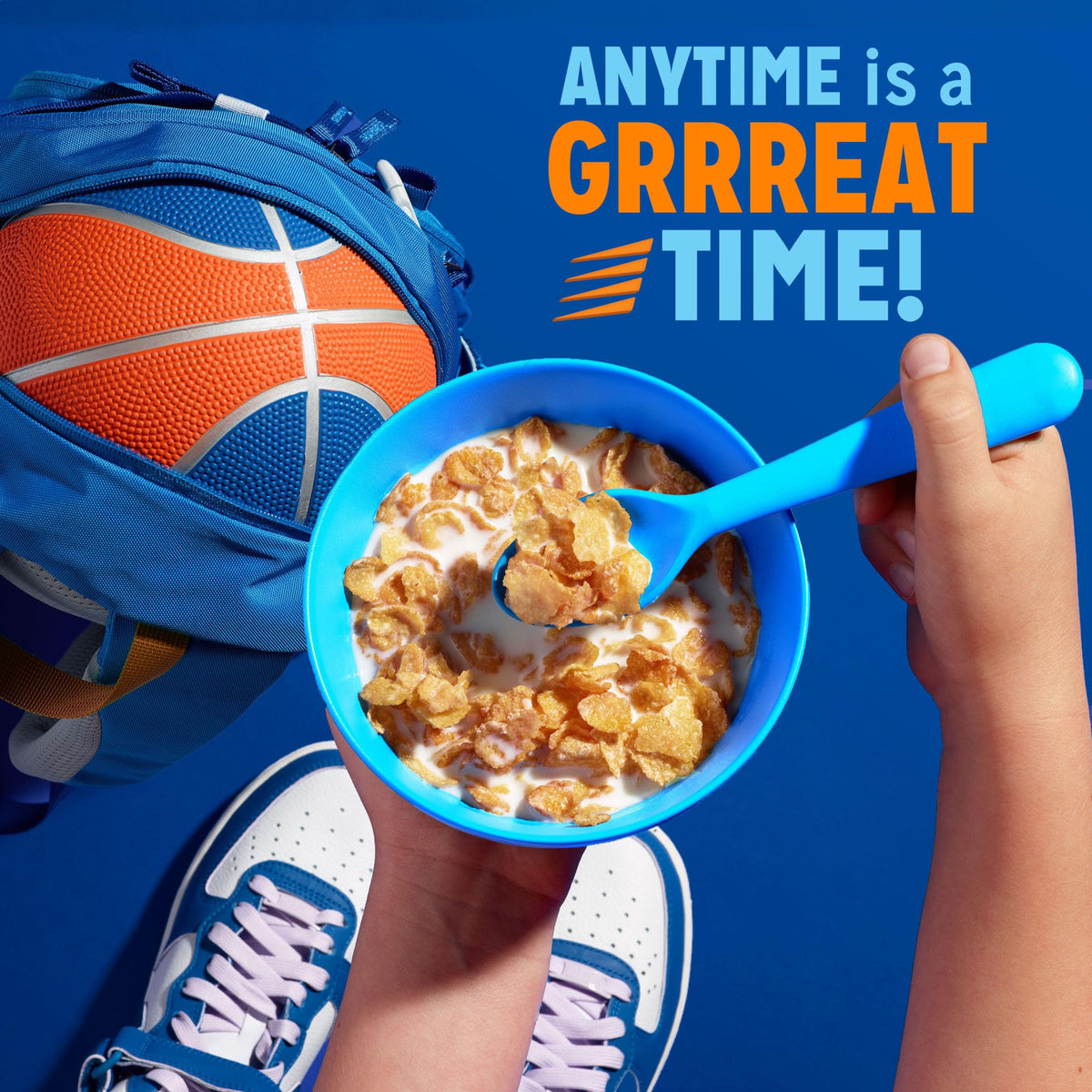 Kellogg's Frosted Flakes tiger logo on cups reinforces family-favorite branding