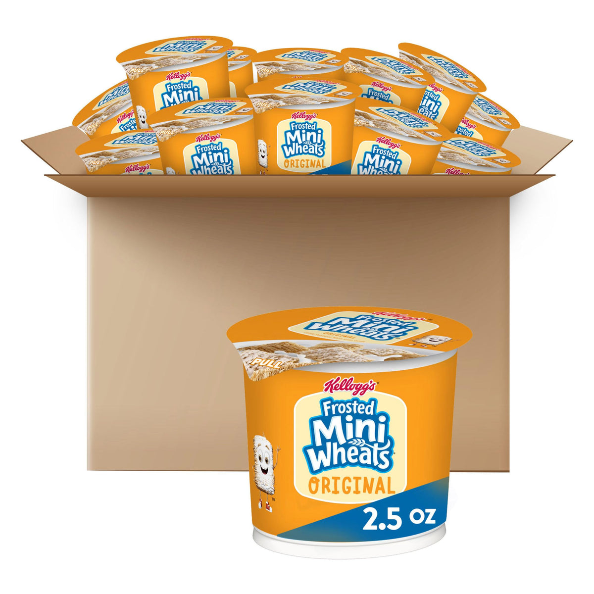 Kellogg's Frosted Mini-Wheats cups packaging for quick breakfasts.