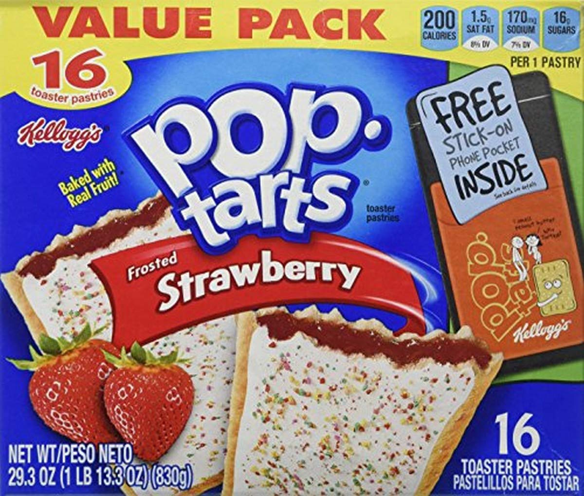 Kellogg's Pop-Tarts Frosted Strawberry 16-count box, ideal for quick breakfasts.