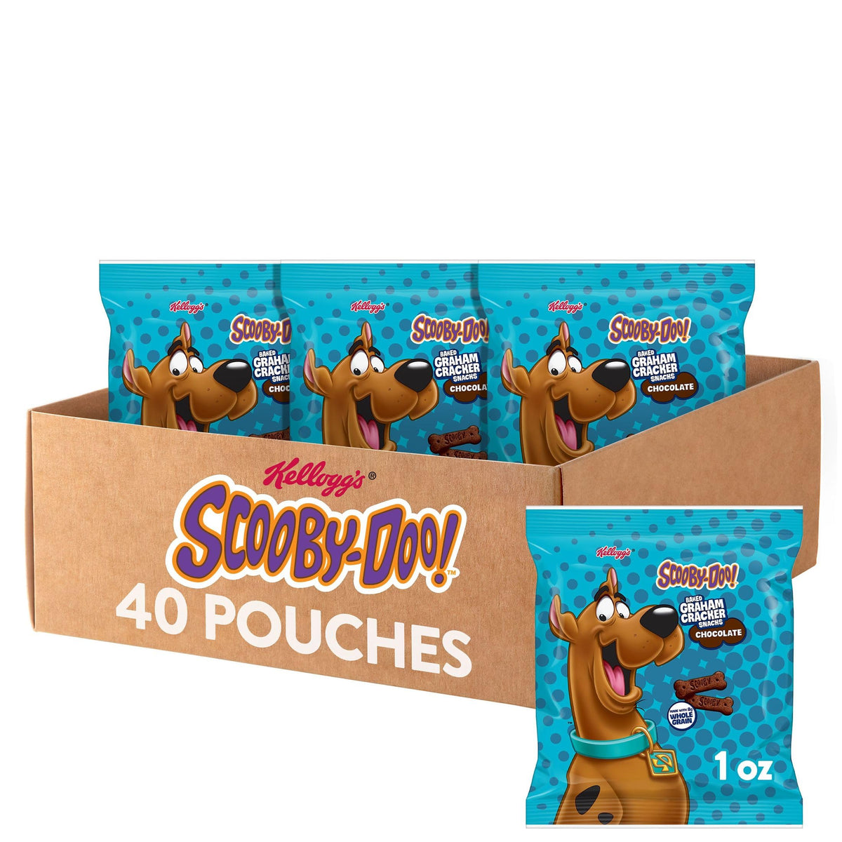 Kellogg's Scooby-Doo baked graham crackers in a 40-pouch package, ideal on-the-go snacking