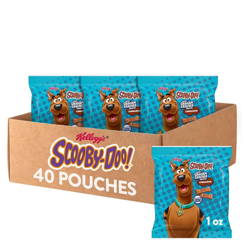 Kellogg's Scooby-Doo Cinnamon Graham Crackers in a portable 1oz bag for on-the-go snacking.