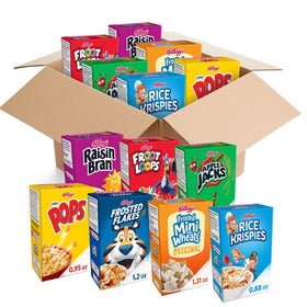 Kellogg's variety-pack boxes front view, ideal for quick breakfasts.