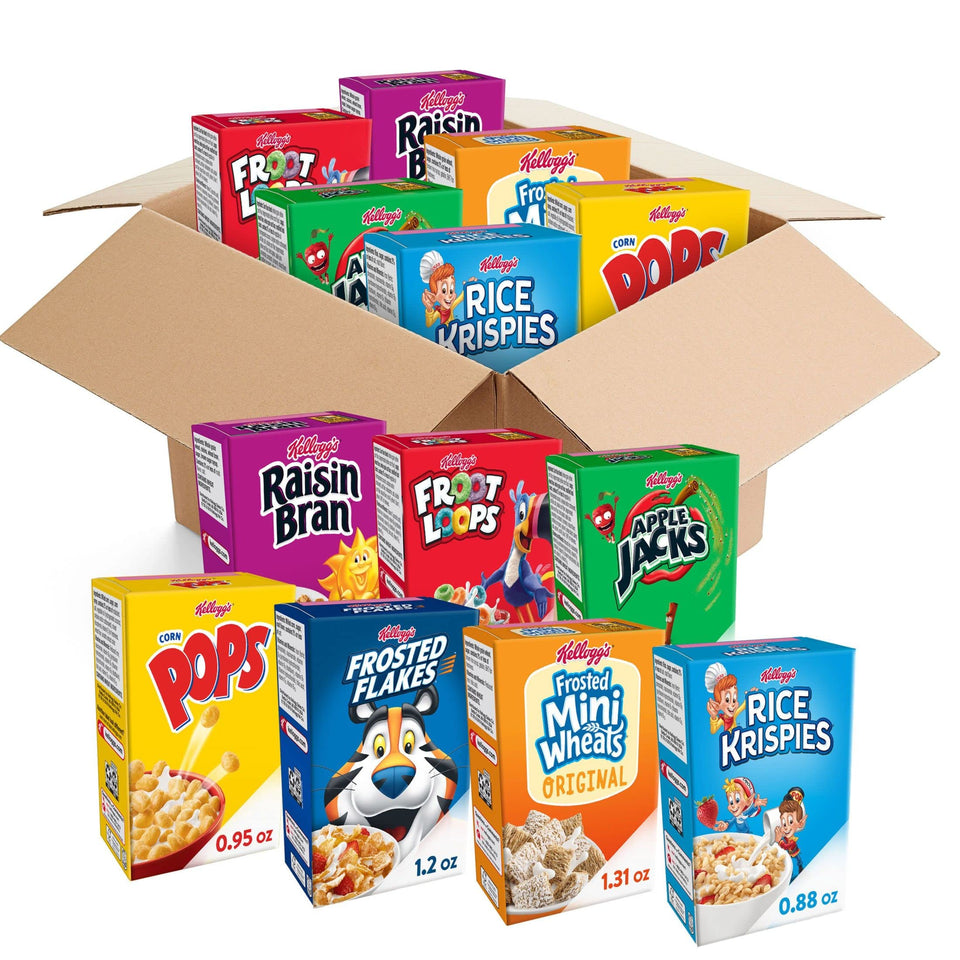 Kellogg's variety-pack boxes front view, ideal for quick breakfasts.