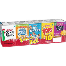Kellogg's Variety Pack box front displaying eight cereals for easy mornings