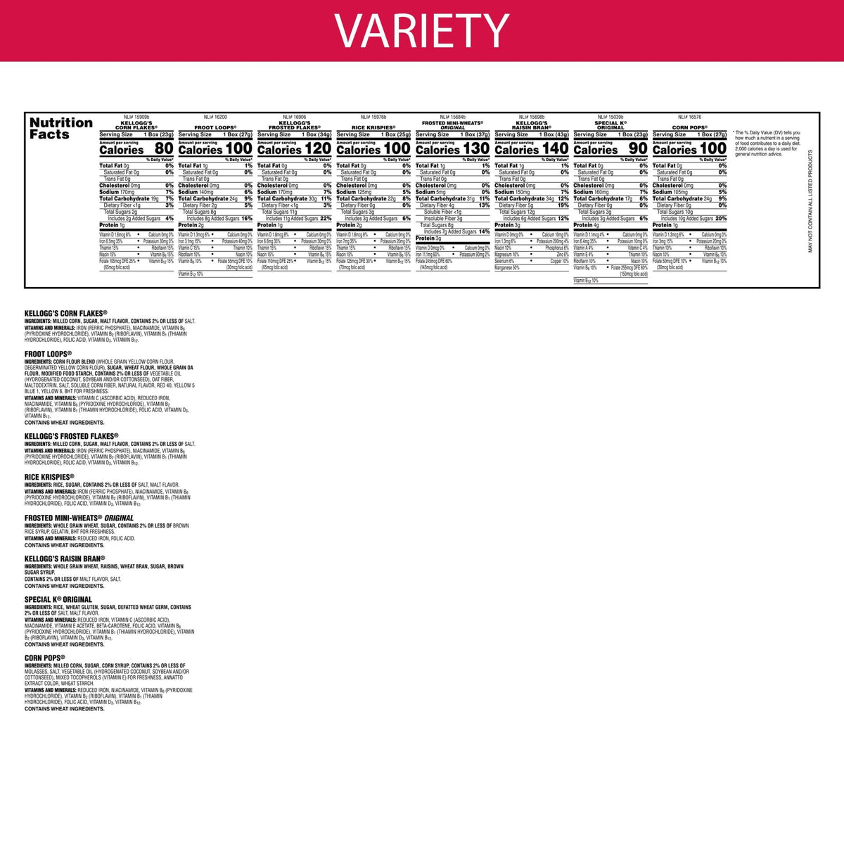 Kellogg's Variety Pack contents showcase eight single-serve cereals