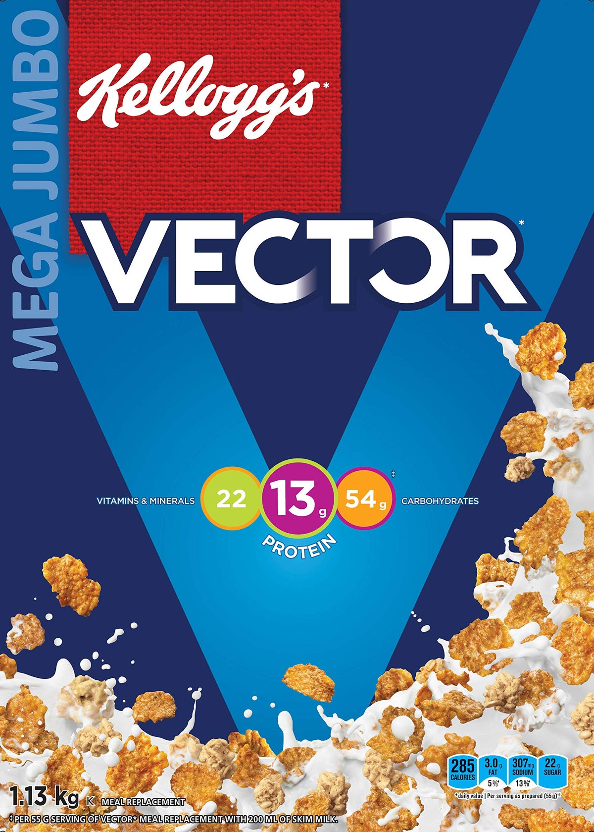 Kellogg's Vector cereal in a serving bowl highlighting protein and fiber for satiety.