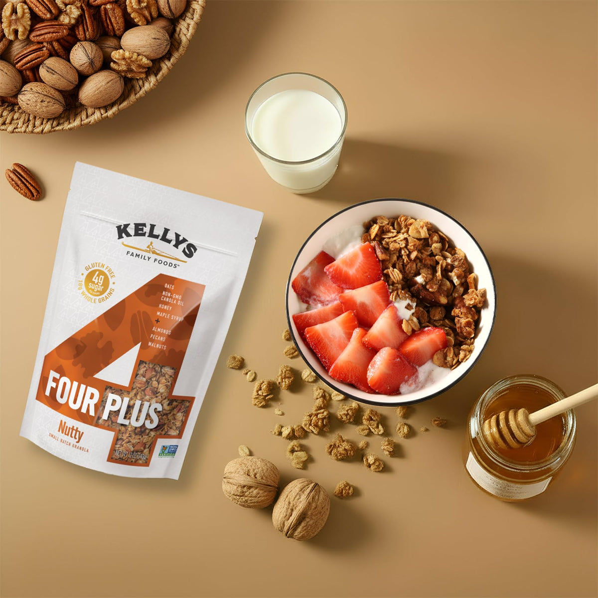 Kelly's Four Plus Granola closeup-texture captures nutty flavor and quality ingredients