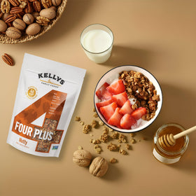 Kelly's Four Plus Granola closeup-texture captures nutty flavor and quality ingredients