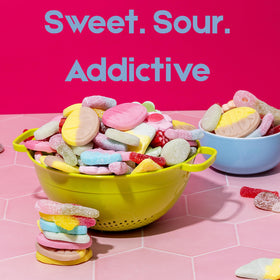 Kenai Kitchen Bubs Swedish Candy Mix fizzy bottles close-up — tangy, playful texture.