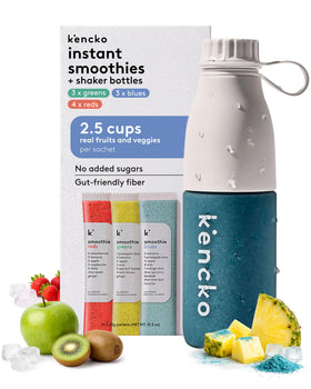 kencko Blues packets packaging highlights quick, nutrient-rich smoothies.