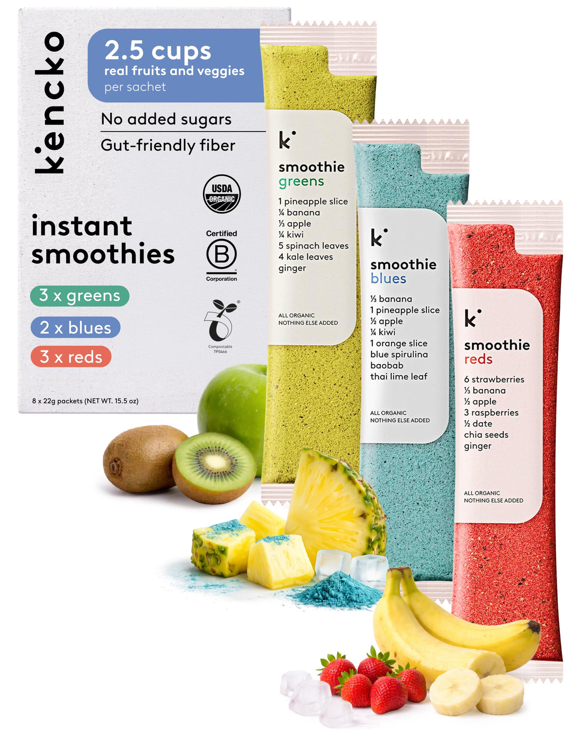 kencko Blues smoothie packets showing bright, tropical ingredients for quick mornings