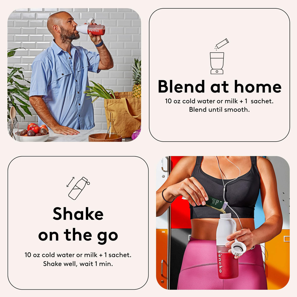 kencko bottle shake on the go demonstrates fast, convenient smoothies