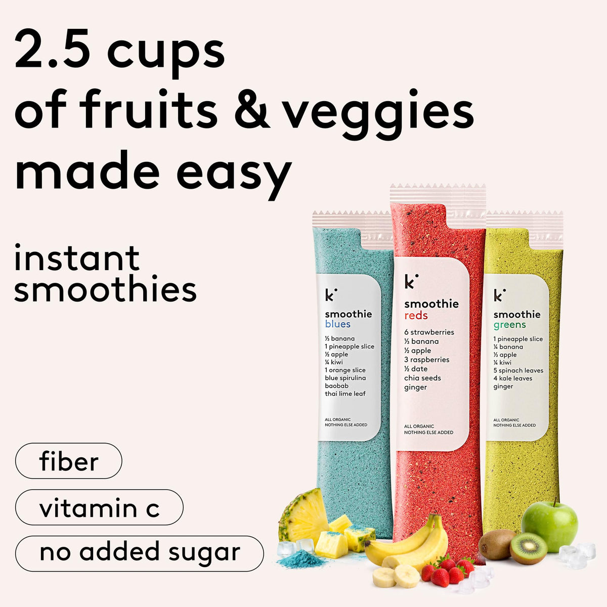 kencko Greens variety pack front highlighting fiber-rich greens for daily nutrition