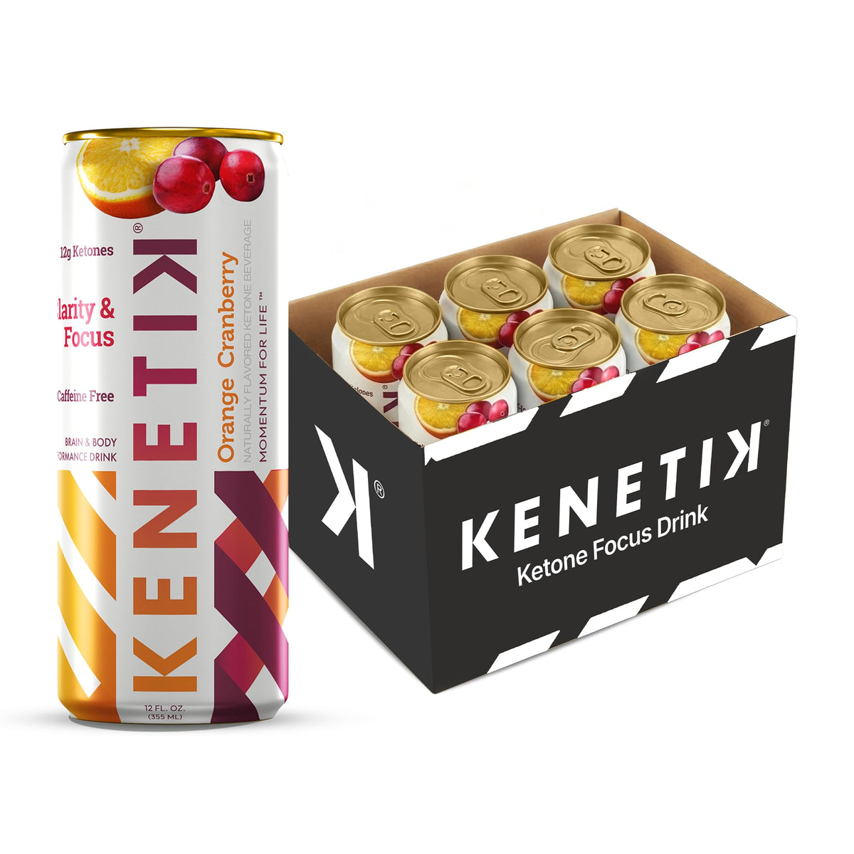 Kenetik Ketone Focus Drink Orange Cranberry can showing vibrant fizz for steady, caffeine-free clarity.