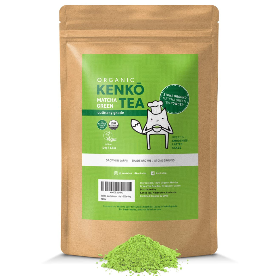 Kenko Matcha Green Tea Powder in jar showcases organic quality for daily use.