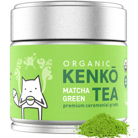 Kenko Matcha ceremonial-grade in tin, showing vibrant green color