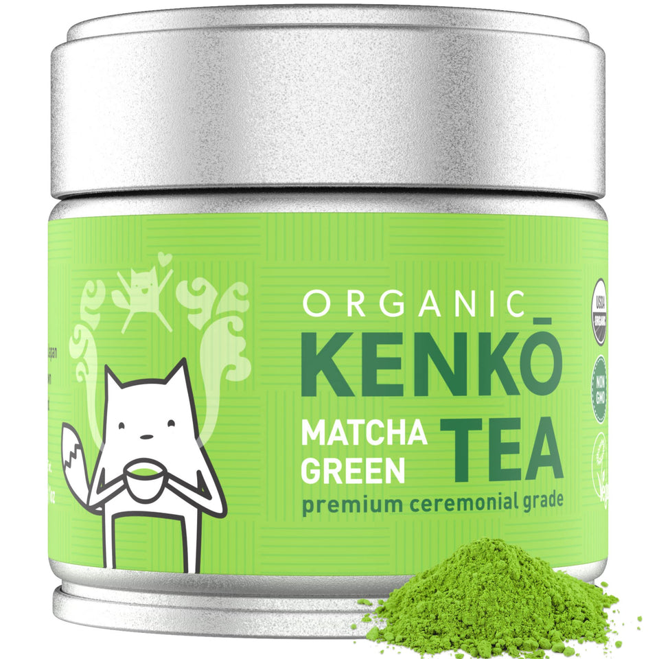 Kenko Matcha ceremonial-grade in tin, showing vibrant green color