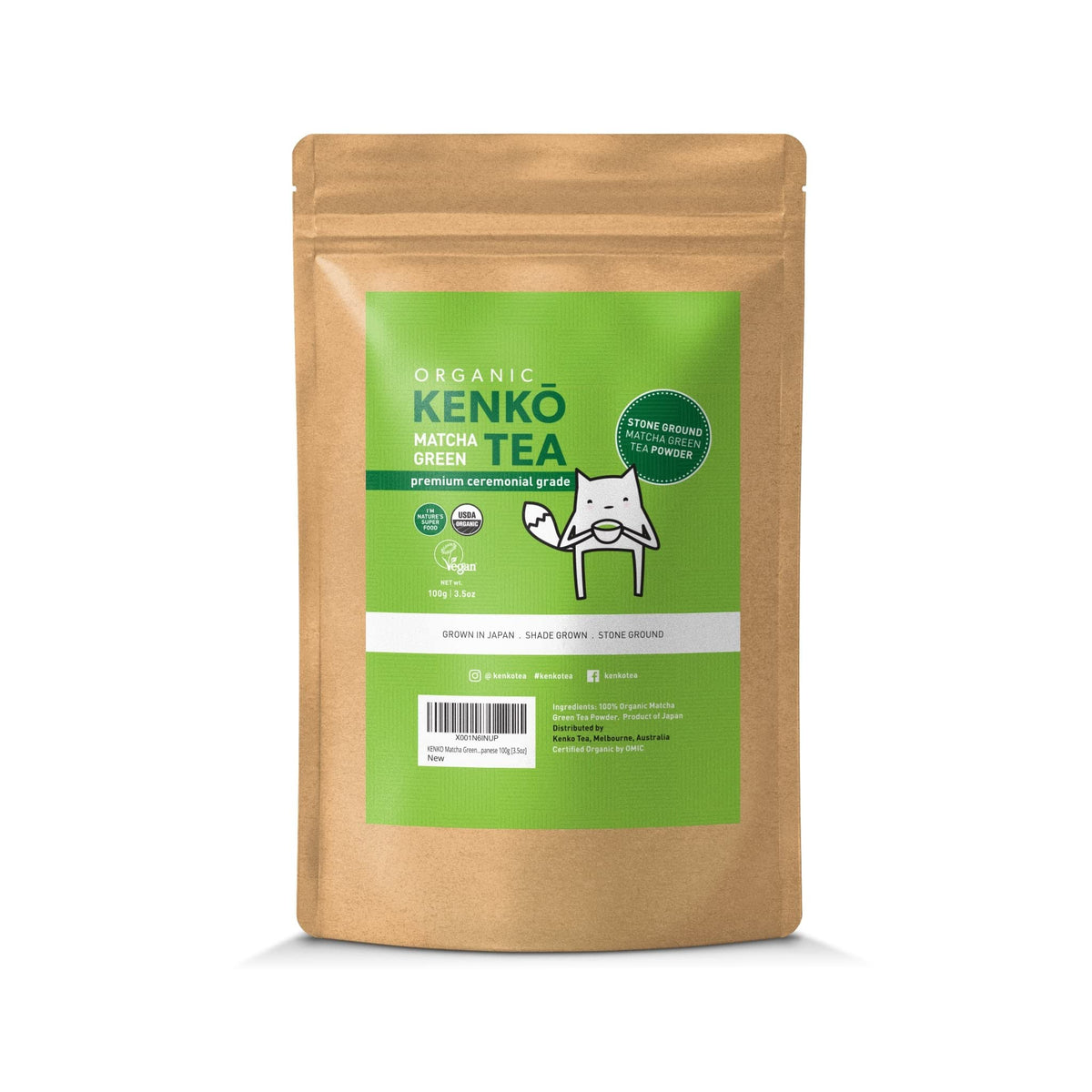 Kenko Tea Matcha ceremonial bag front showing premium ceremonial-grade powder.