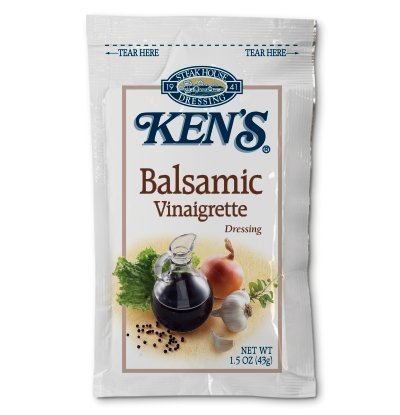 Ken's Balsamic Vinaigrette 1.5 oz packet front view with visible spices for versatile salads.