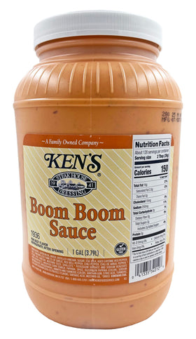 Ken's Boom Boom Sauce 1-gallon bottle on shelf, ideal for family meals.
