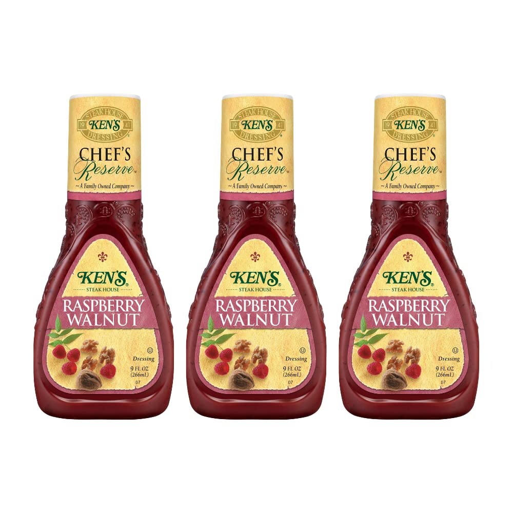 Ken's Steak House Chef's Reserve Raspberry Walnut dressing bottle shows bold fruit and nut flavors for salads.