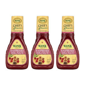 Ken's Steak House Chef's Reserve Raspberry Walnut dressing bottle shows bold fruit and nut flavors for salads.