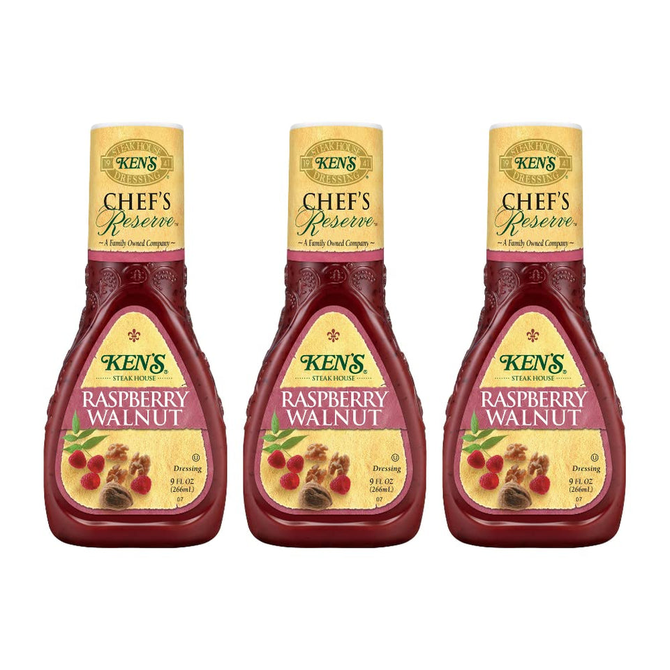 Ken's Steak House Chef's Reserve Raspberry Walnut dressing bottle shows bold fruit and nut flavors for salads.