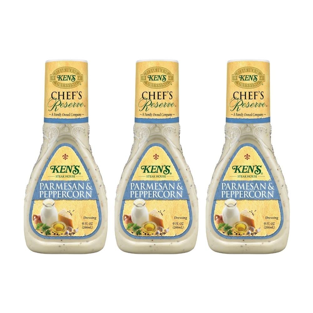 Ken's Steak House Chef's Reserve Parmesan Peppercorn dressing bottle shows creamy texture and bold flavor