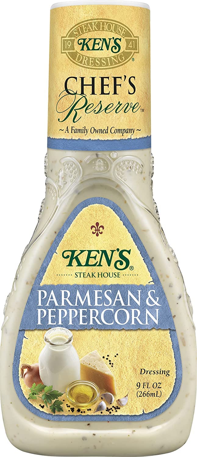Ken's Chef's Reserve dressing close-up on jar, rich Parmesan and peppery aroma.
