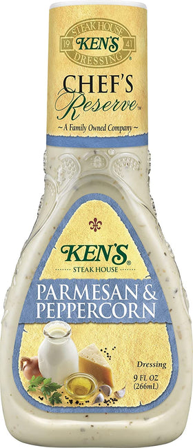 Ken's Chef's Reserve dressing close-up on jar, rich Parmesan and peppery aroma.