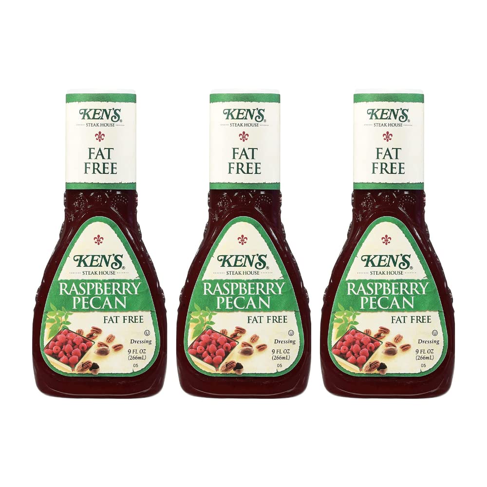 Ken's Fat-Free Raspberry-Pecan Dressing bottle, ideal for a lighter salad