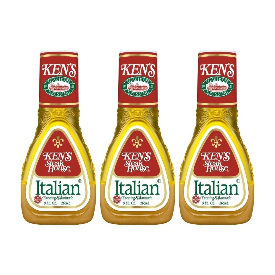 Ken's Steak House Italian Dressing bottle-pour highlights bold flavor for salads.