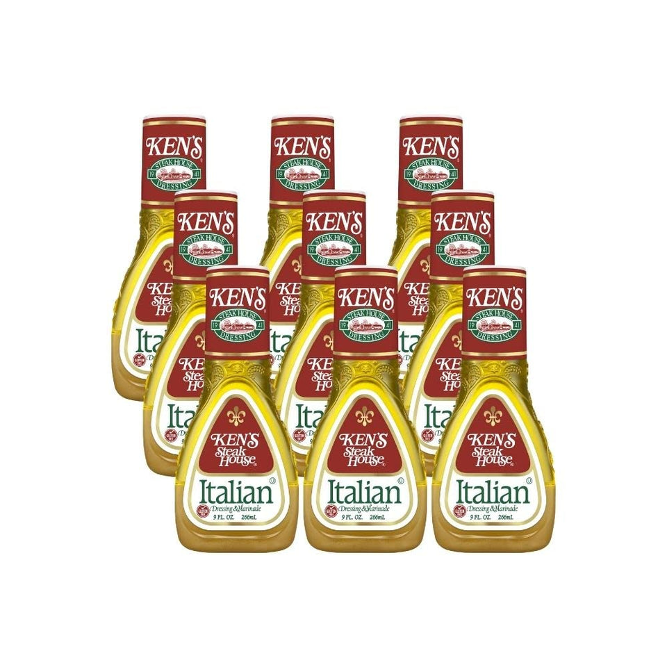 Ken's Steak House Italian dressing bottle pouring over fresh salad greens for flavor boost
