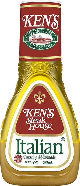 Ken's Steak House Italian Dressing label-closeup emphasizes authentic recipe and quality.