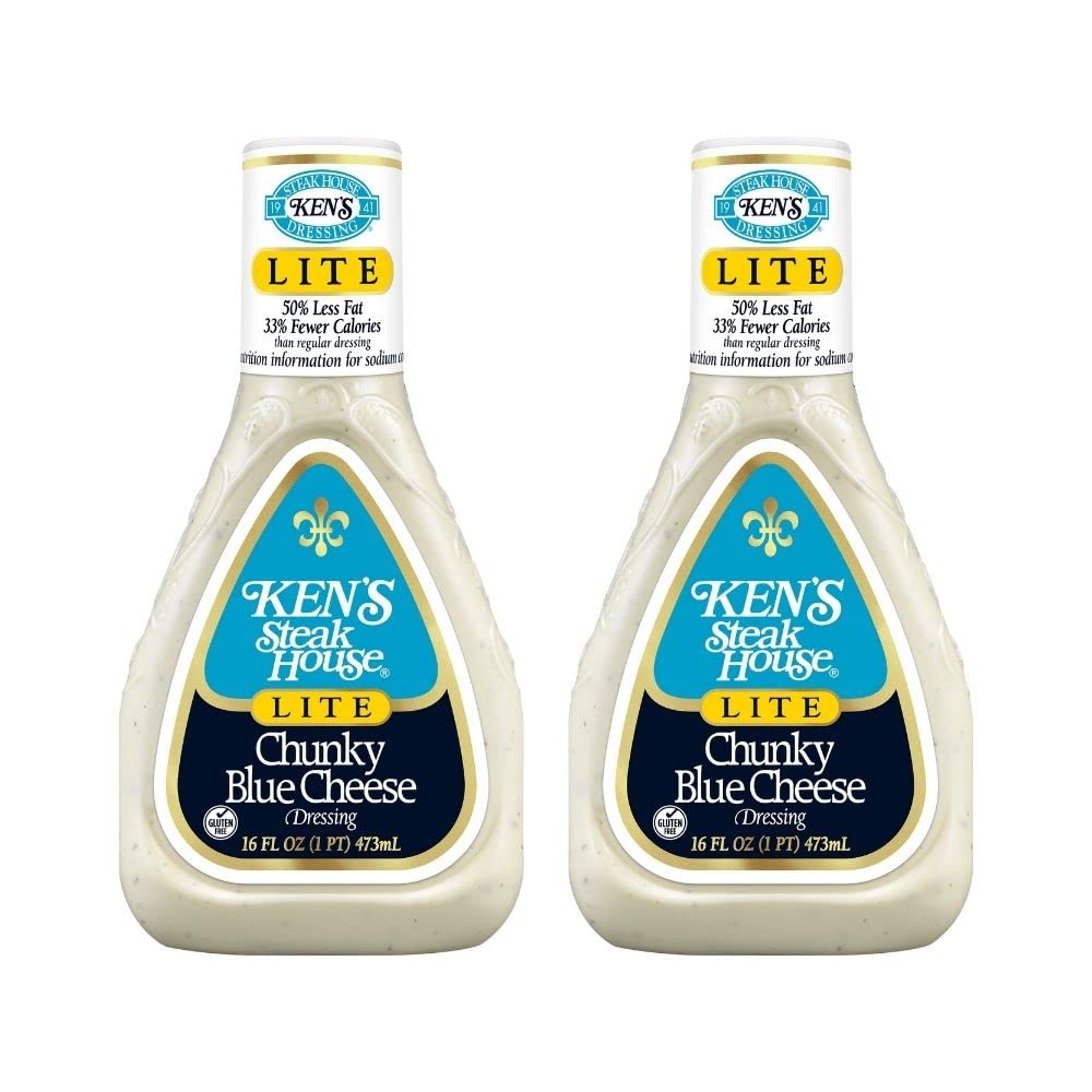 Ken's Steak House Lite Blue Cheese Dressing bottle close-up; tangy creaminess for salads.