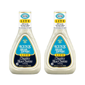 Ken's Steak House Lite Blue Cheese Dressing bottle close-up; tangy creaminess for salads.