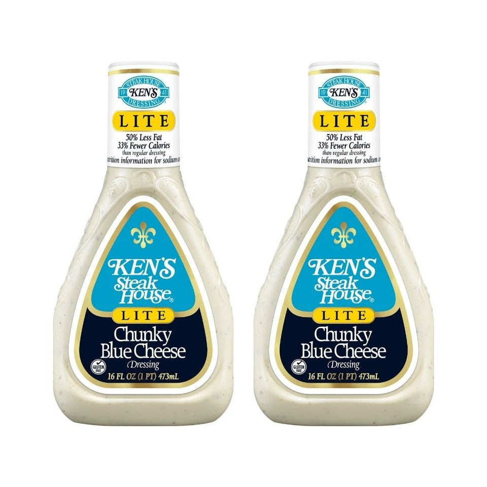 Ken's Steak House Lite Blue Cheese Dressing bottle close-up; tangy creaminess for salads.
