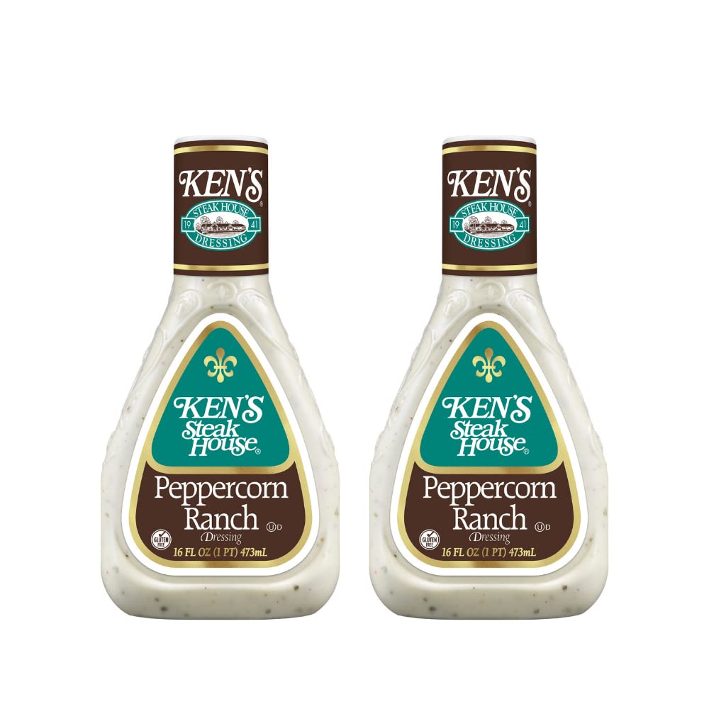 Ken's Steak House Peppercorn Ranch dressing bottle on a shelf, ideal for salads.