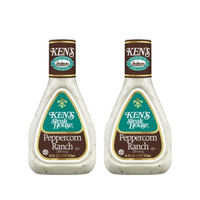 Ken's Steak House Peppercorn Ranch dressing bottle on a shelf, ideal for salads.